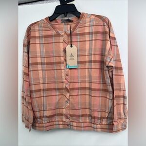Prana Women’s Pollino Top Snap Front Crew Neck Size Small Papaya Plaid
